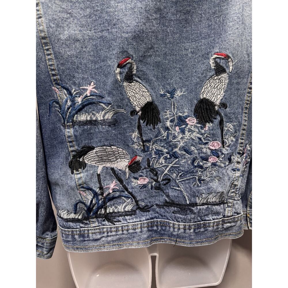 Crane Embroidered Blue Button-up Denim Jacket Destressed Detailing Women’s L - Picture 3 of 8